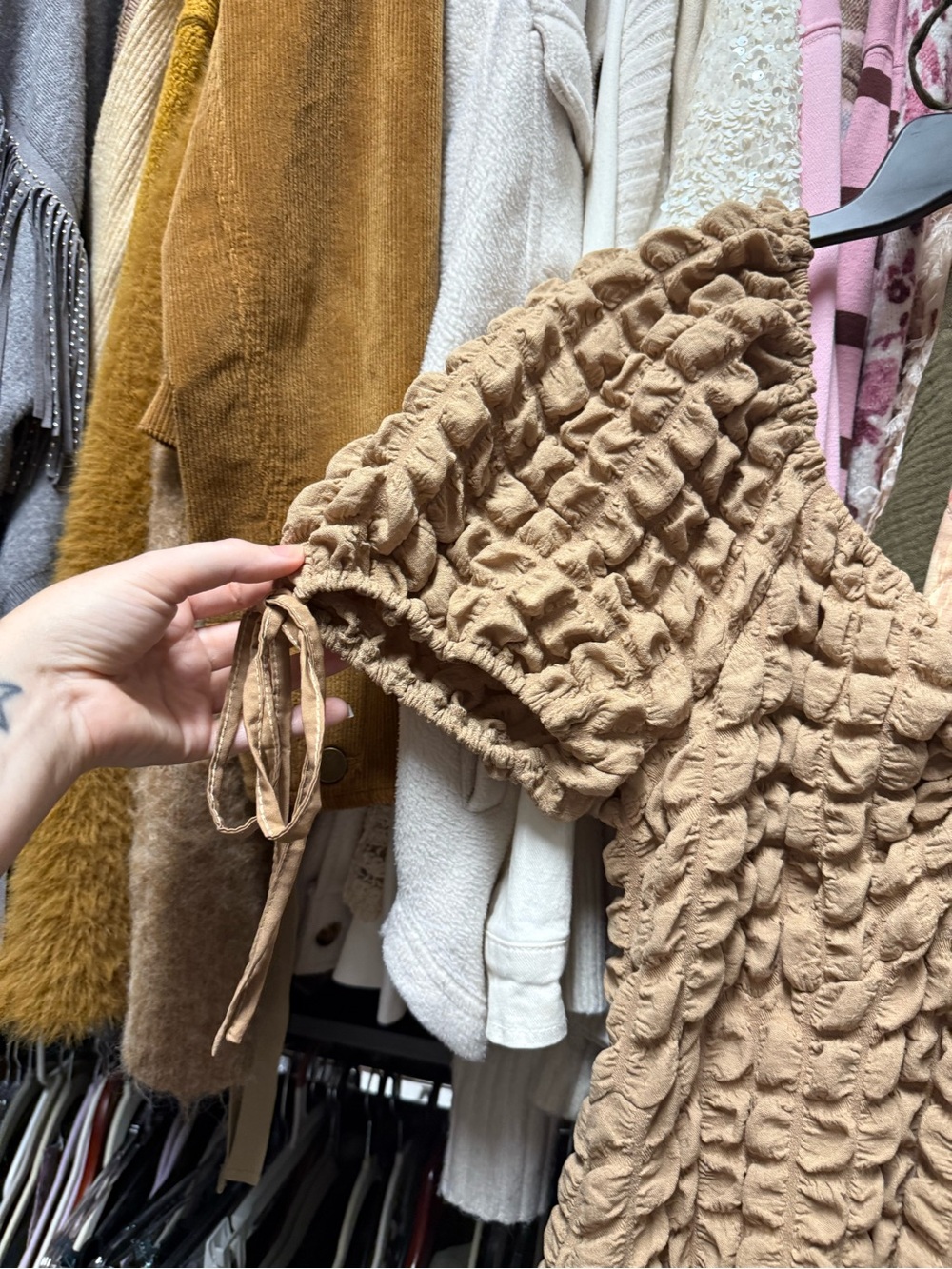 Textured Ruched Camel Midi Dress - Picture 2 of 6